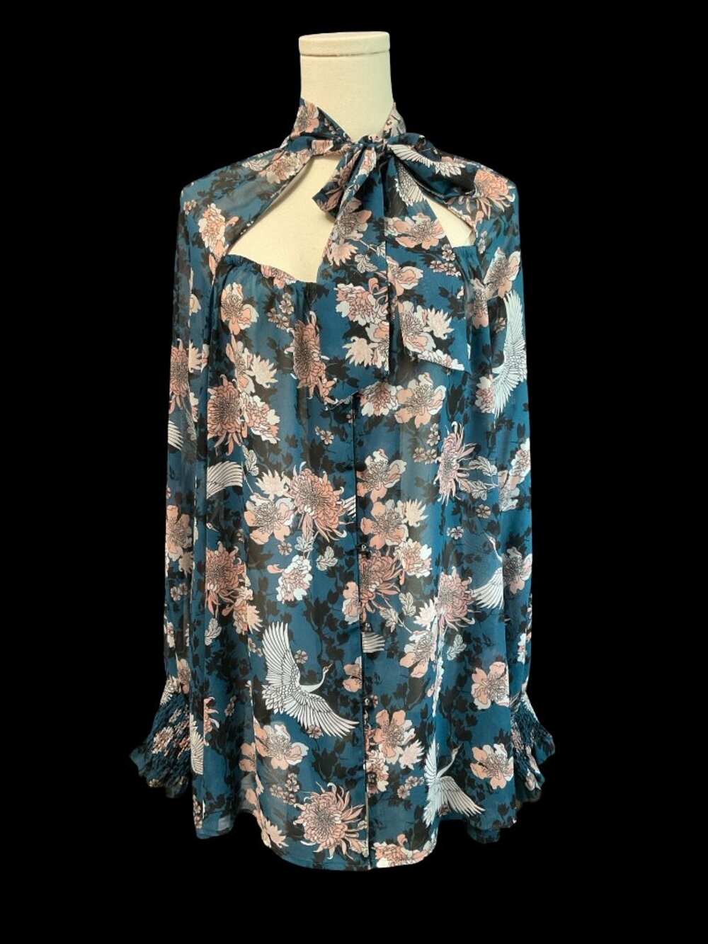 Blue Floral/Crane Print Sheer Blouse w/ Bow Neck Detail